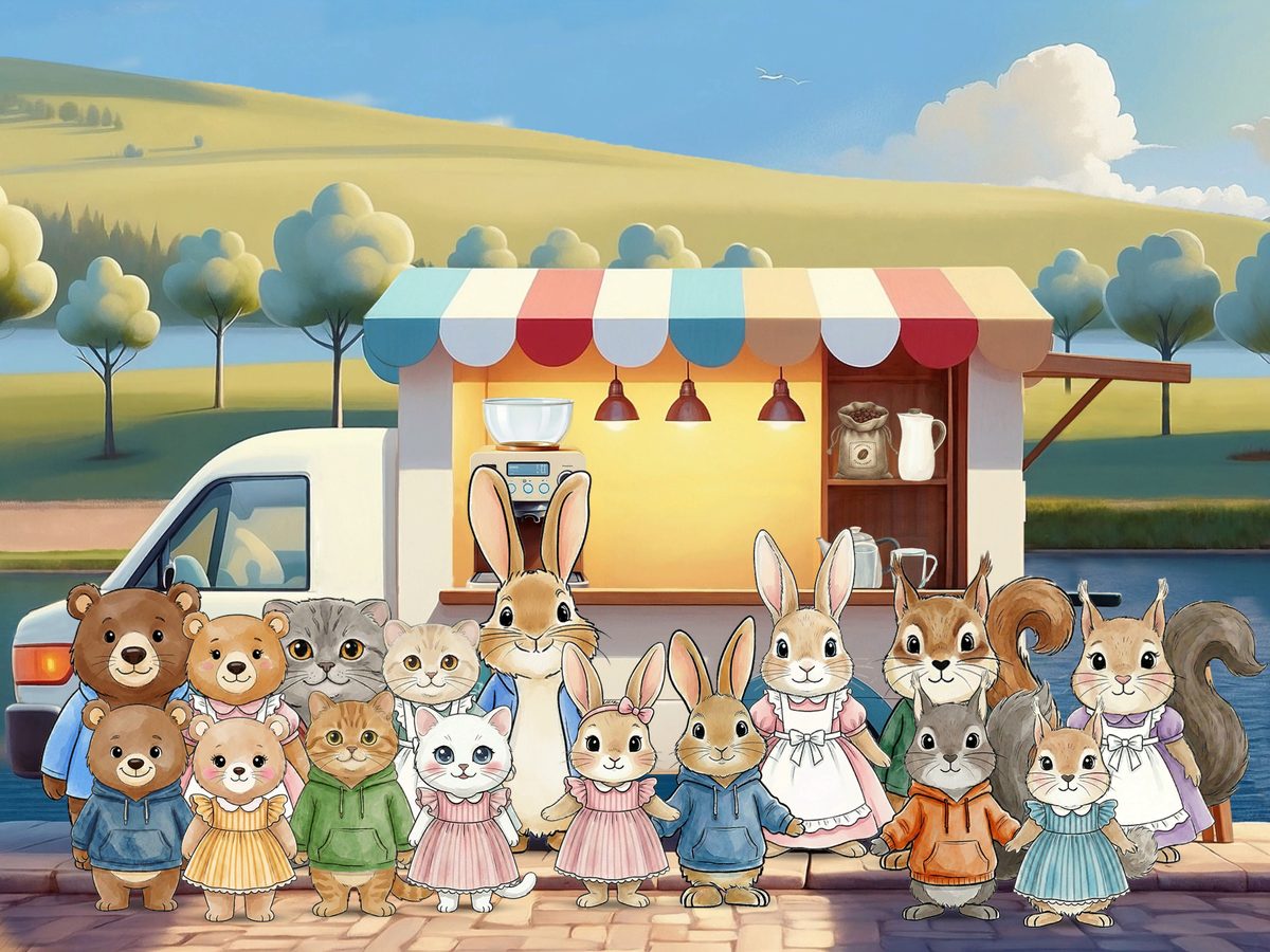 Watercolor-style family photo of all sixteen Bunny's Town animal characters — the bunny, bear, cat, and squirrel families gathered together by the coffee cart
