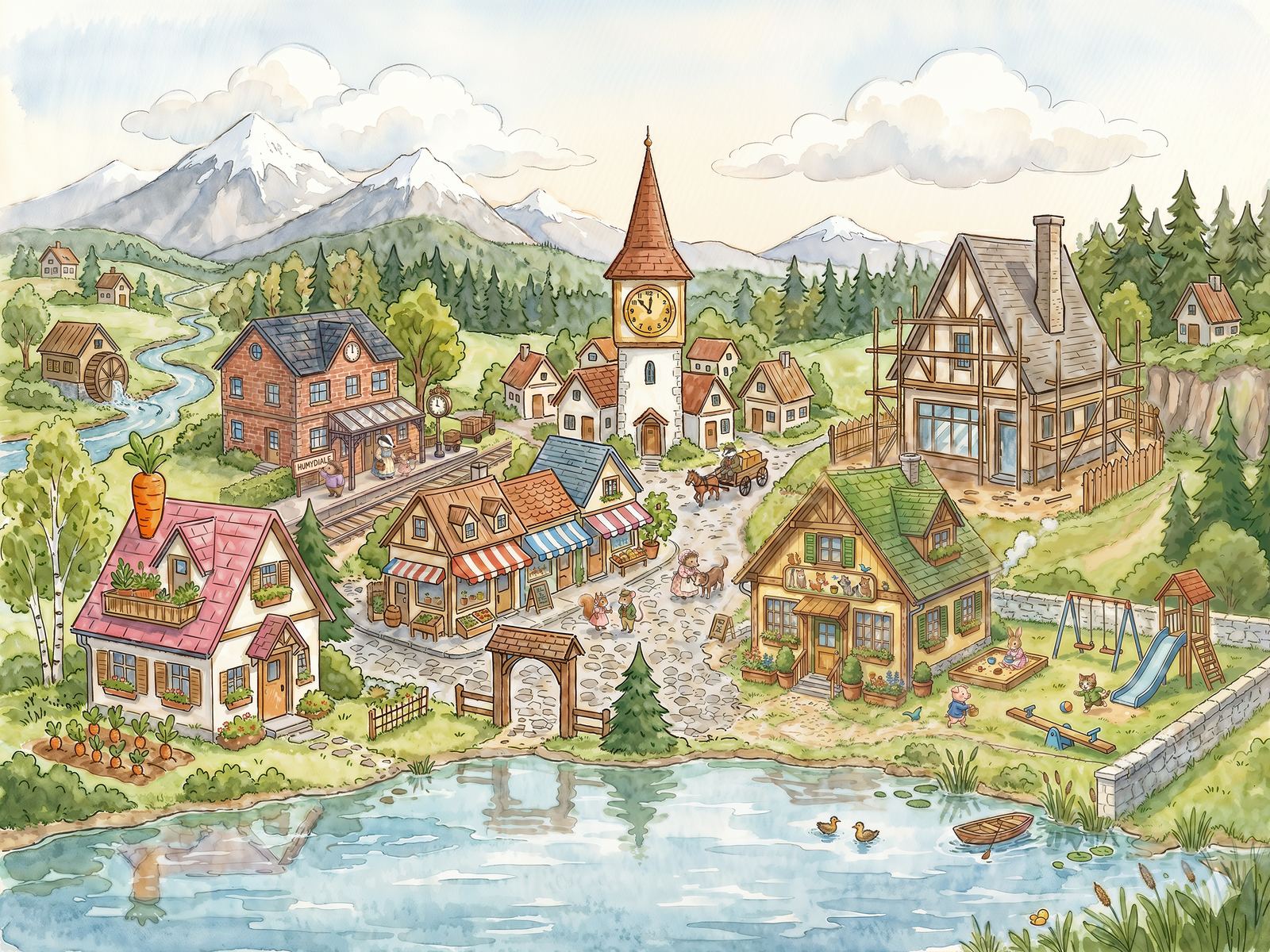 Watercolor-style panorama of Bunny's Town — snowy mountains, a clock tower, a bakery, a coffee cart, a children's playground, and a lake with a little boat and ducks
