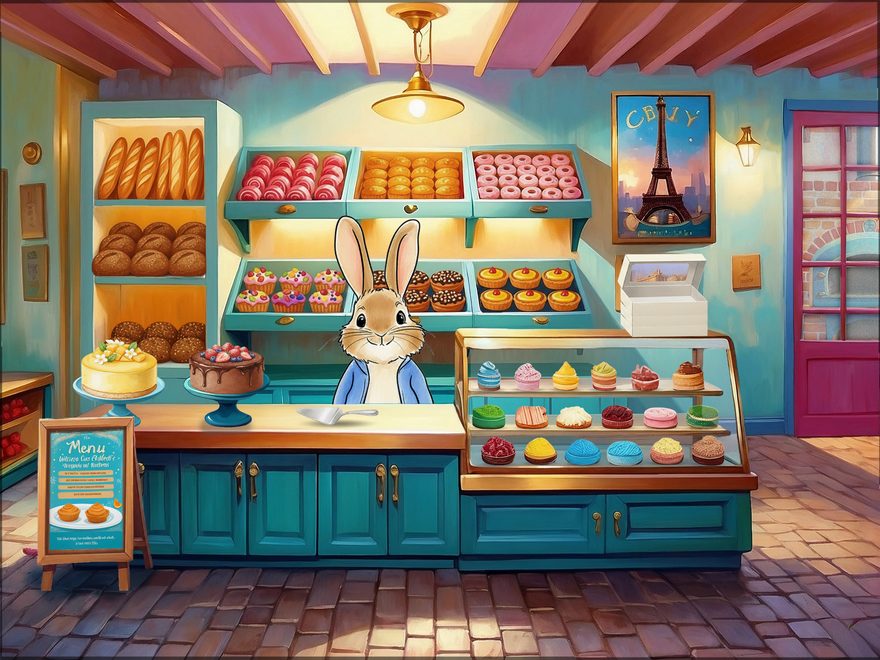 Watercolor-style bakery interior with a bunny behind the counter and shelves of bread, cakes, and cupcakes