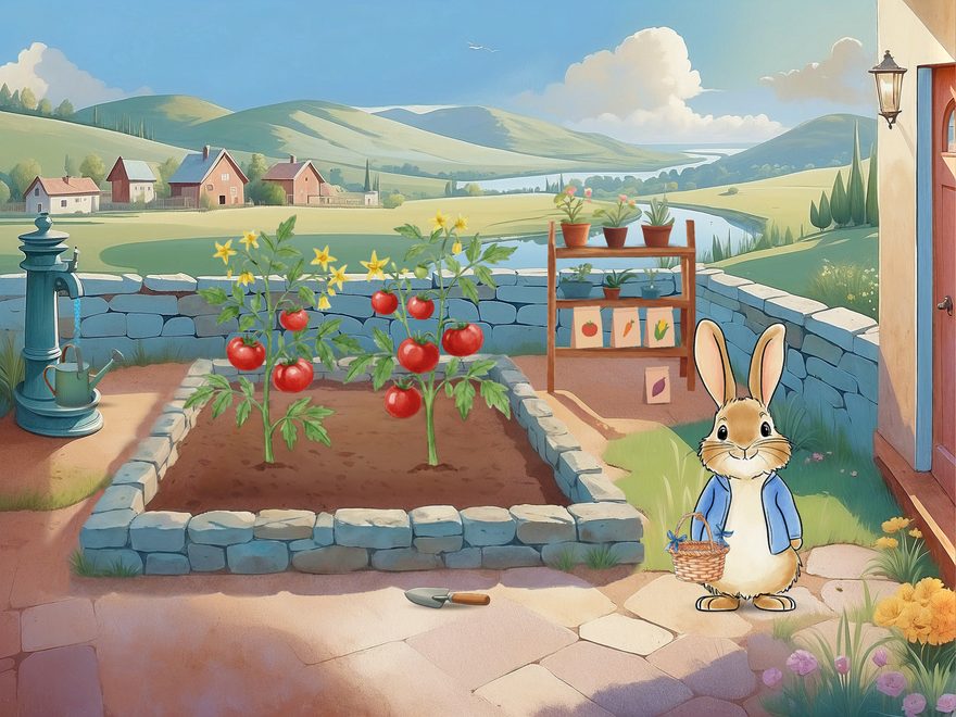Watercolor-style garden patch with ripe tomato vines and a bunny holding a basket
