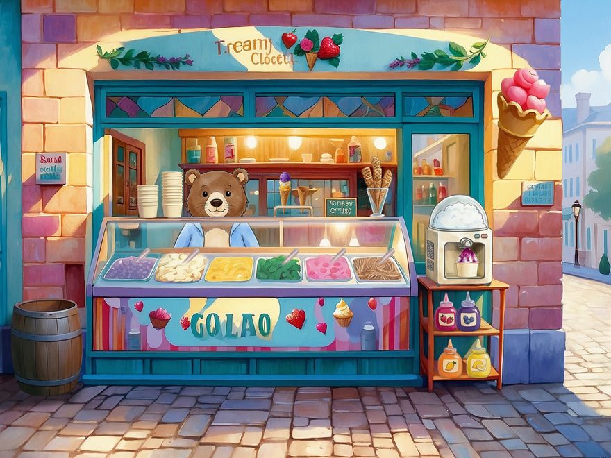 Watercolor-style ice cream cart with a bear behind a case of colorful scoops
