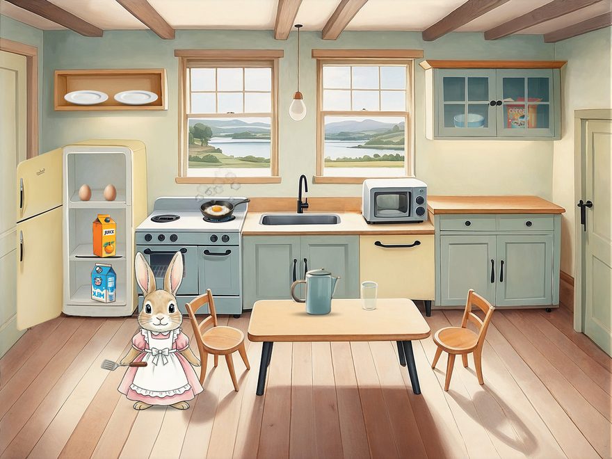 Watercolor-style cottage kitchen with a bunny mom cooking at the stove, a fridge, sink, microwave, and a wooden table by windows looking out to the mountains
