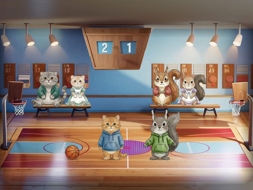 Watercolor-style kindergarten indoor gym with a basketball court and animal children at play
