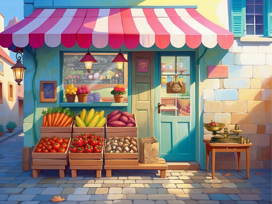 Watercolor-style market street shopfront with a striped awning and baskets of fresh produce