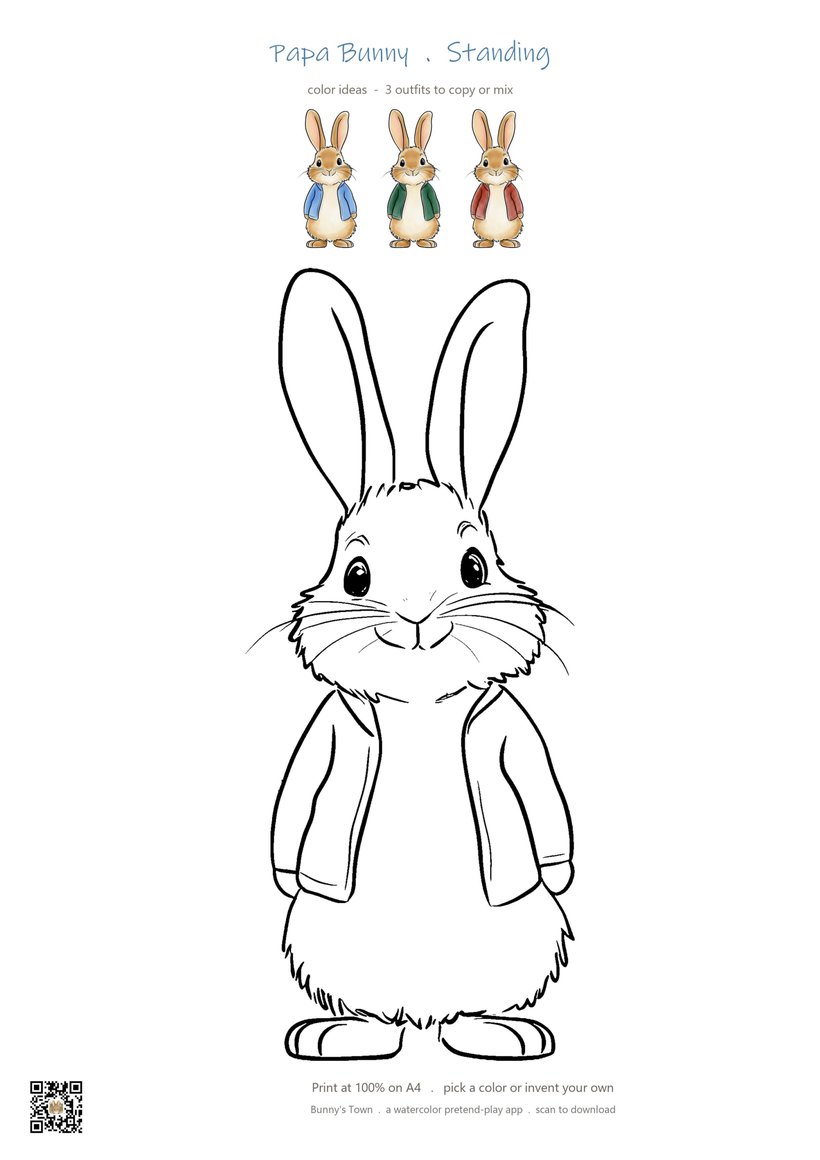 Bunny dad coloring page line art with three watercolor color ideas at the top to color in
