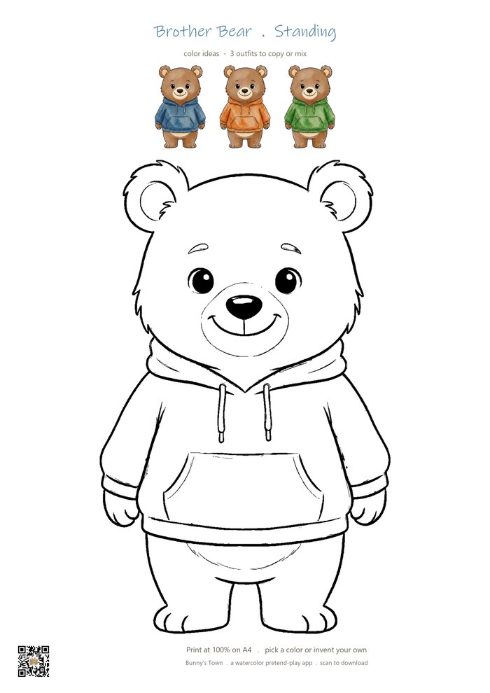 Printable bear brother coloring page with line art and color ideas
