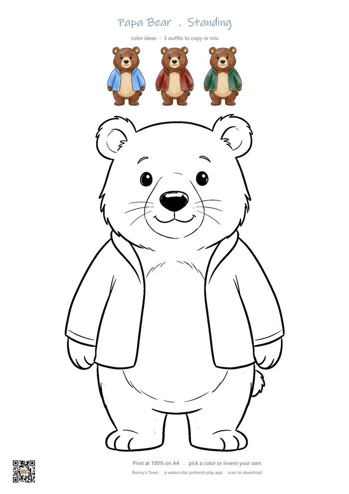 Printable bear dad coloring page with line art and color ideas