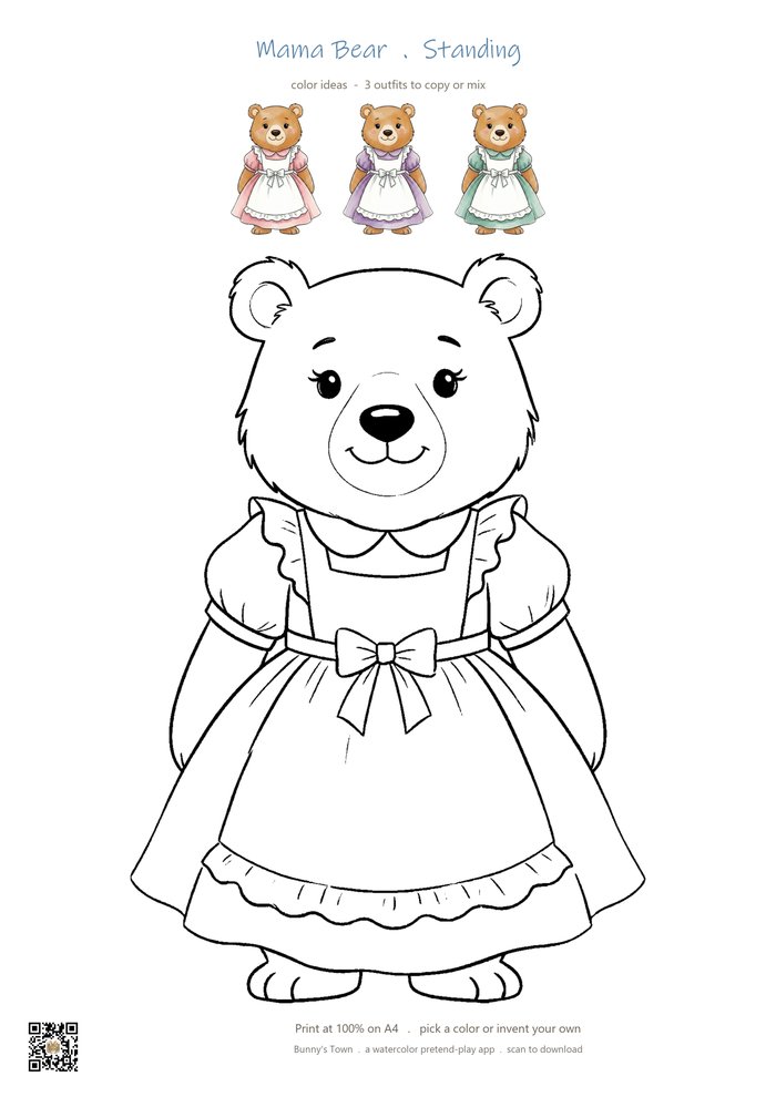 Printable bear mom coloring page with line art and color ideas