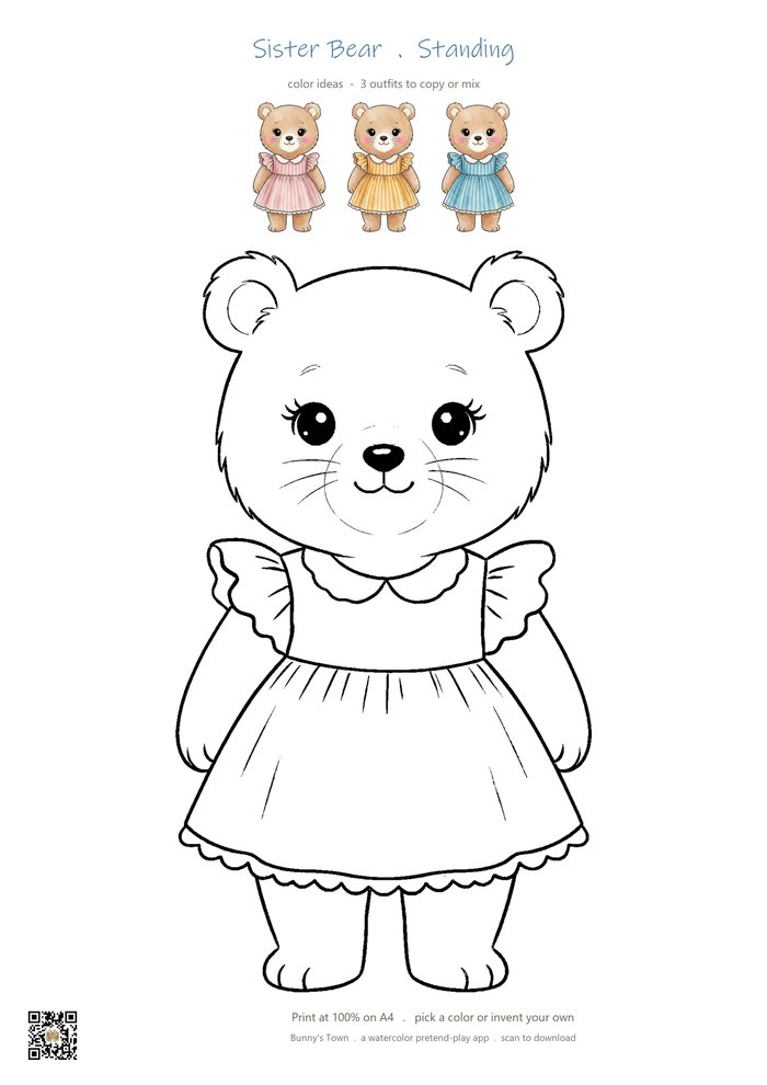 Printable bear sister coloring page with line art and color ideas