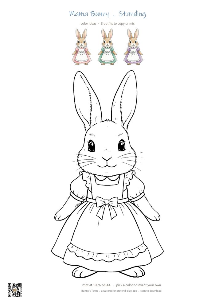 Printable bunny mom coloring page with line art and color ideas