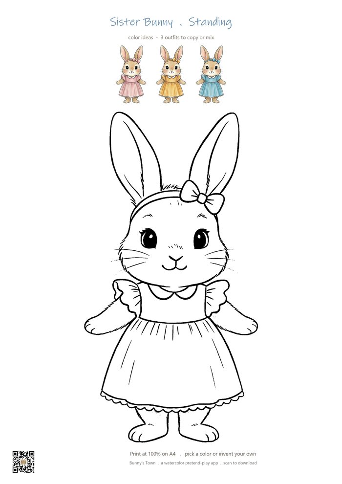 Printable bunny sister coloring page with line art and color ideas