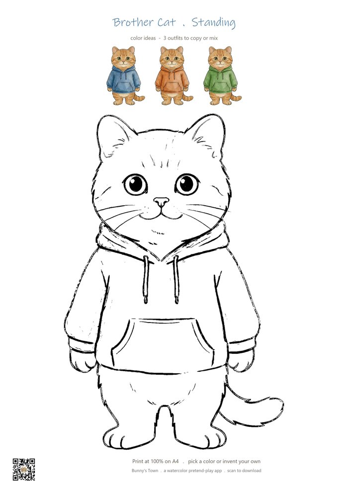 Printable cat brother coloring page with line art and color ideas