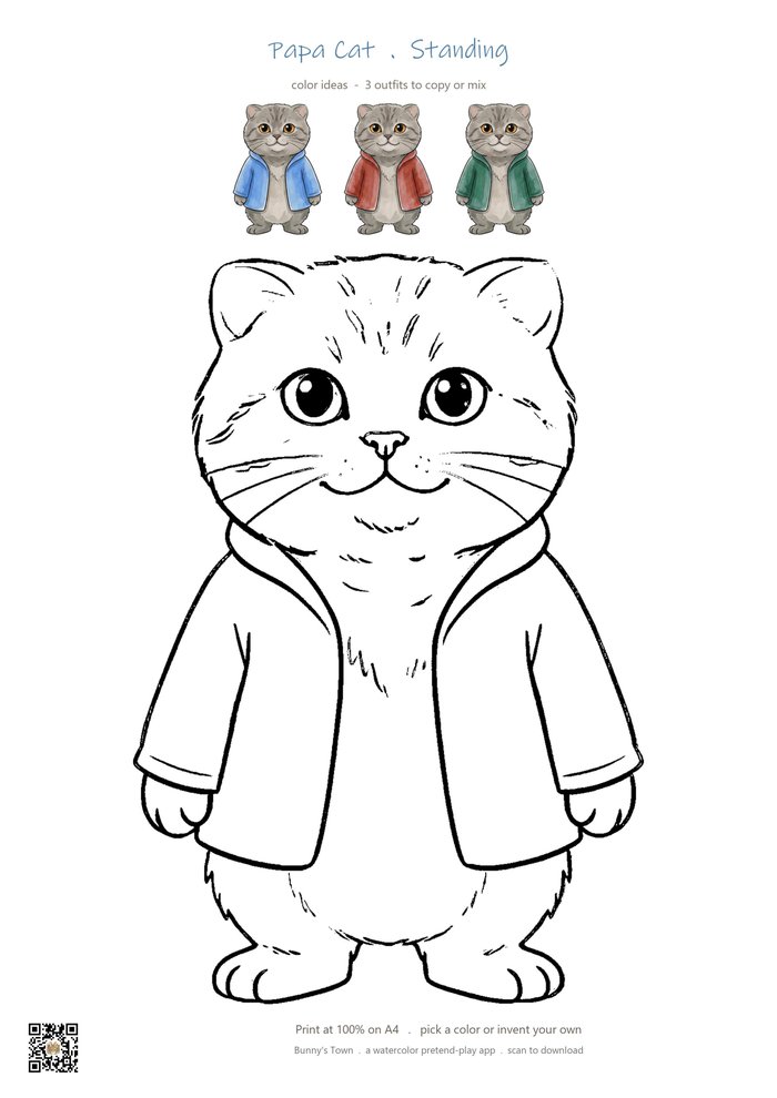 Printable cat dad coloring page with line art and color ideas