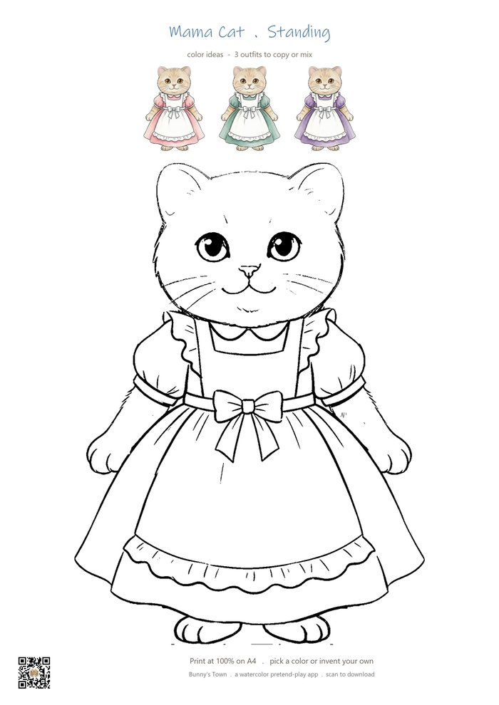 Printable cat mom coloring page with line art and color ideas