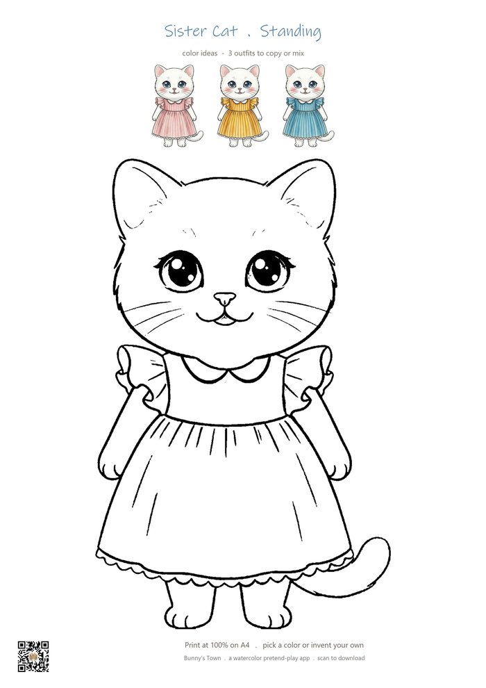 Printable cat sister coloring page with line art and color ideas