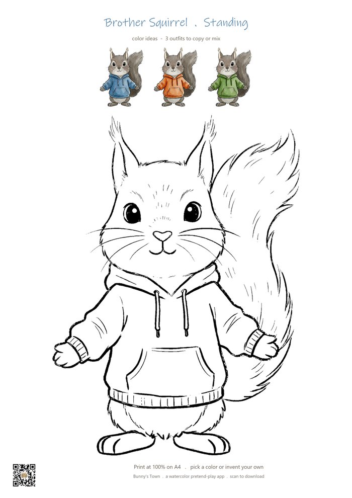 Printable squirrel brother coloring page with line art and color ideas