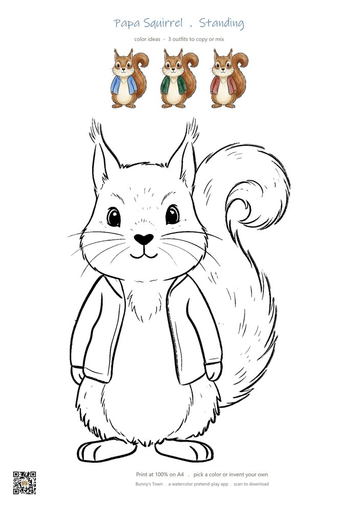 Printable squirrel dad coloring page with line art and color ideas