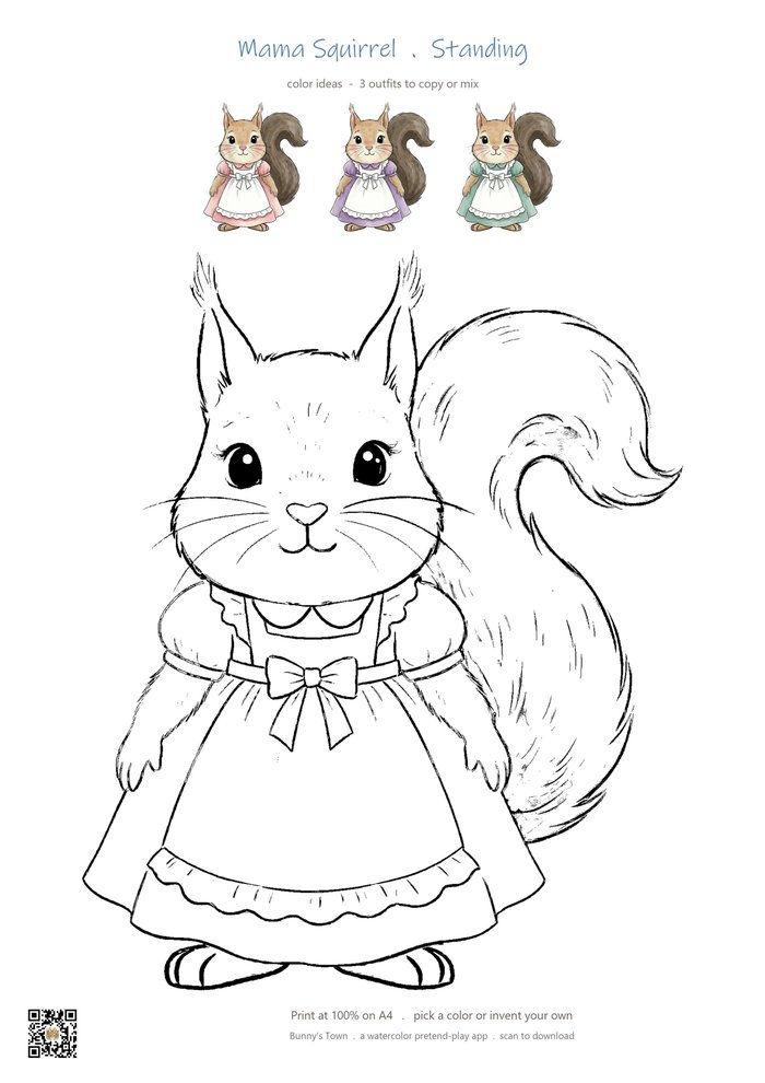Printable squirrel mom coloring page with line art and color ideas