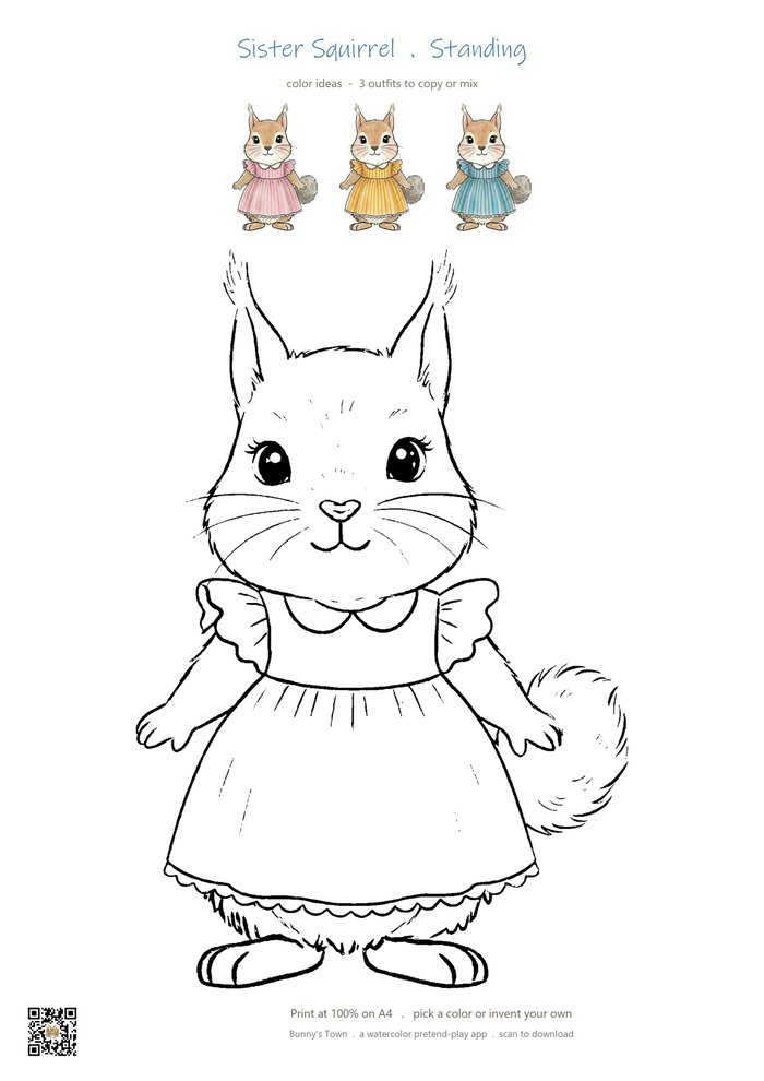 Printable squirrel sister coloring page with line art and color ideas