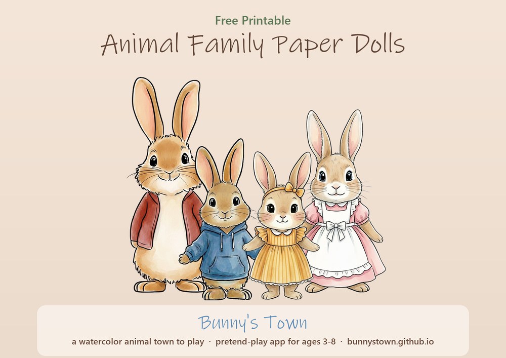 Watercolor-style printable paper dolls of the bunny family with outfits to cut out