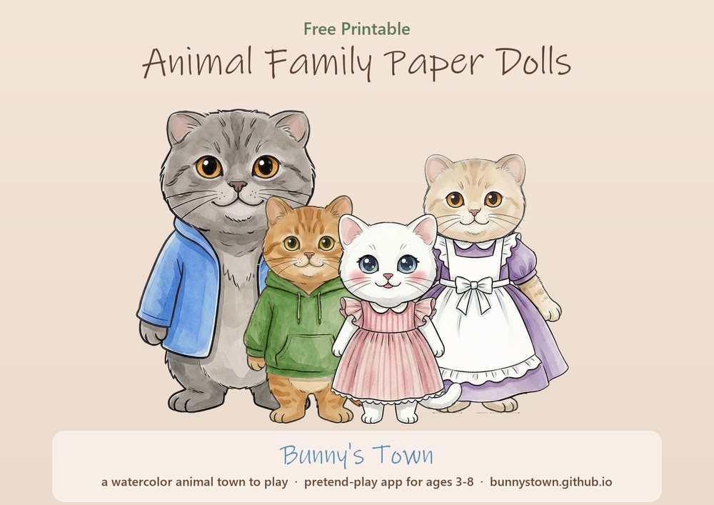 Watercolor cat family paper dolls — dad, mom, brother and sister