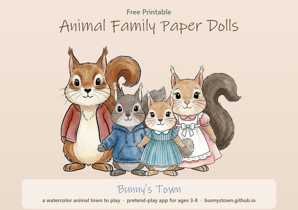 Watercolor squirrel family paper dolls — dad, mom, brother and sister