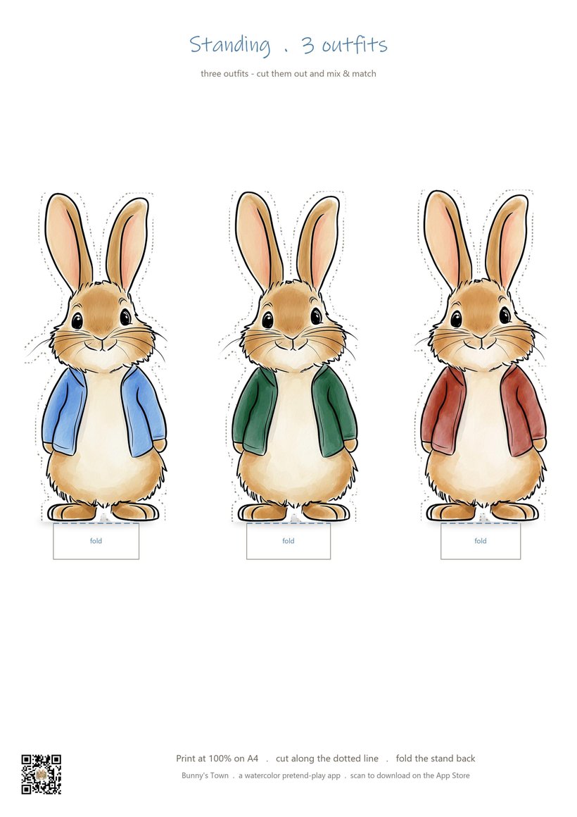 Watercolor bunny dad paper doll with three outfits to cut out and dress up