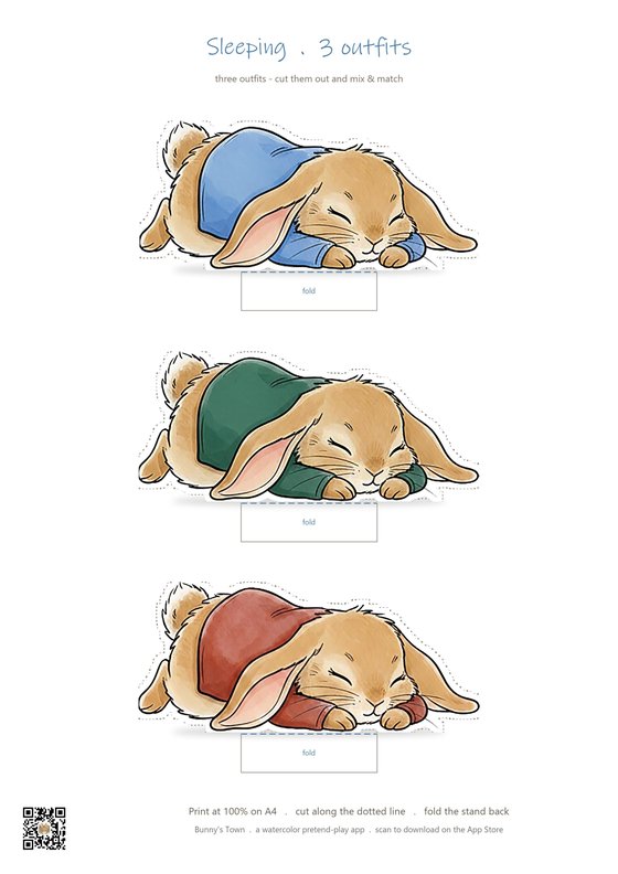 Sleeping pose paper doll page with three outfits